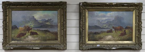English School circa 1900, pair of oils on canvas, Loch scenes with Highland cattle, indistinctly signed 40 x 60cm